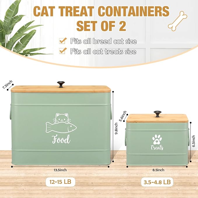 Reallnaive 2 Pcs Large Metal Cat Food Storage Containers 12+3.5 Lbs Decorative Pet Treat Snack Jars Airtight Bamboo Lids & Dry Food Scoop for Farmhouse Kitchen Counter Decor, Pet Owner Gifts(Green)