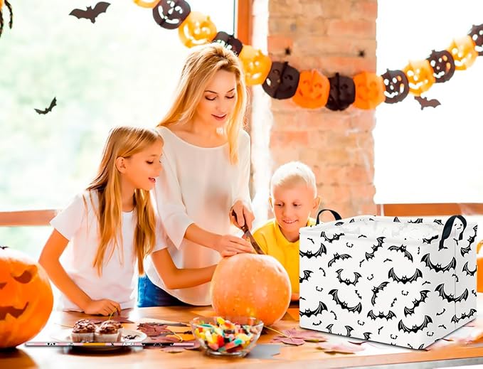 CLOCOR Rectangular Gift Basket Empty for Halloween, Waterproof Storage Basket with Handles, Books Box, Room Decor(Black Bat)