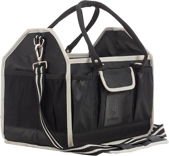 Equinavia Darby Large Collapsible Grooming Tote Bag for Horses, Dogs, Cats | Organizer with Shoulder Strap | 9" x 13" x 12" - Black/Silver - One Size