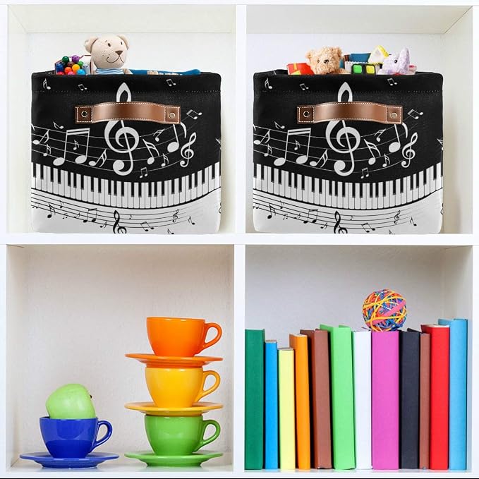 Foldable Storage Baskets Set of 2, Piano Keys Musical Notes Storage Bins with Handles, Decorative Cloth Organizer Storage Boxes for Home|Office 15 x 11 x 9.5 in
