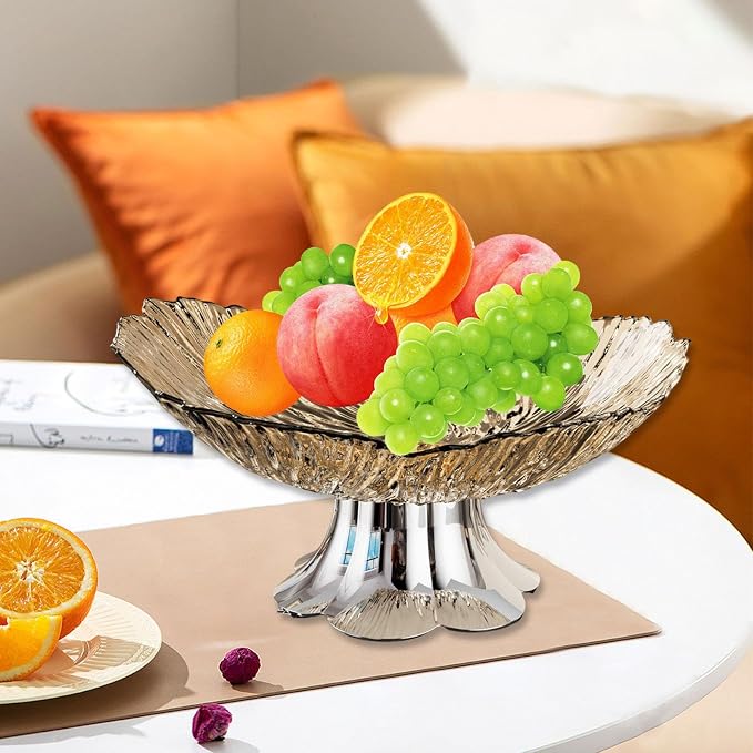 Pedestal Fruit Bowl, Snack Storage Holder, Fruit Tray, Dessert Display Stand, Decorative for Living Room Kitchen Home, E with Silver Base, Gold