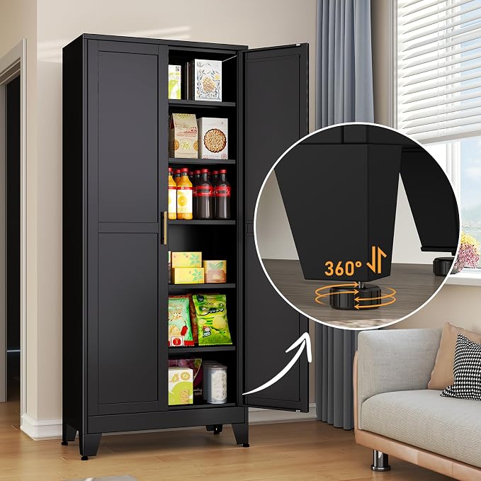 Black Metal Storage Cabinet,75" Steel Cabinets for Home Office | Kitchen Pantry Storage Cabinet with Doors and 5 Adjustable Shelves, Tool Cabinets, for Office, Home, Garage, School