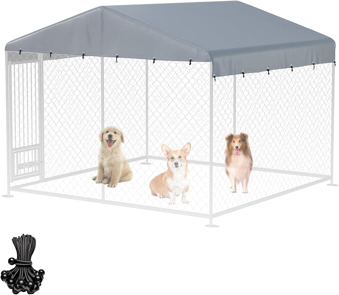Outdoor Dog Kennel Cover 10'W x 10'L Replacement Dog Kennel Cover Gray | 600D Silver-Plated Waterproof UV-Protective Oxford Fabric Includes a Ball-Ended Elastic Lanyard (Frame Not Included)