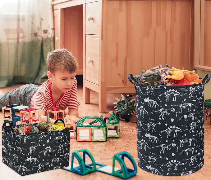 Rectangular Dinosaur Basket Empty Cute Storage Bin Organizer Box Dinosaur Room Decor for Books(Black Dinosaurs)