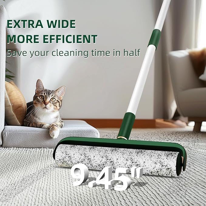 Large Lint Rollers for Pet Hair Extra Sticky, 400 Sheets Roller Refills with Long Handle, 9.45" Giant Lint Roller for Floors, Furniture, and Pet Owners (Green)