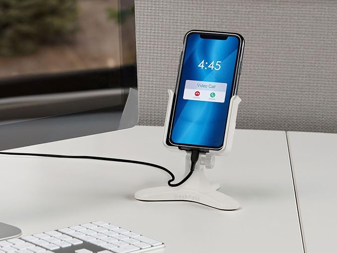 WeatherTech DeskFone in White - Adjustable, Universal Cell Phone Holder Mount Stand for Desk, Counter, Table - Tripod Design for iPhone & Smartphone Charging - Plastic Knobs
