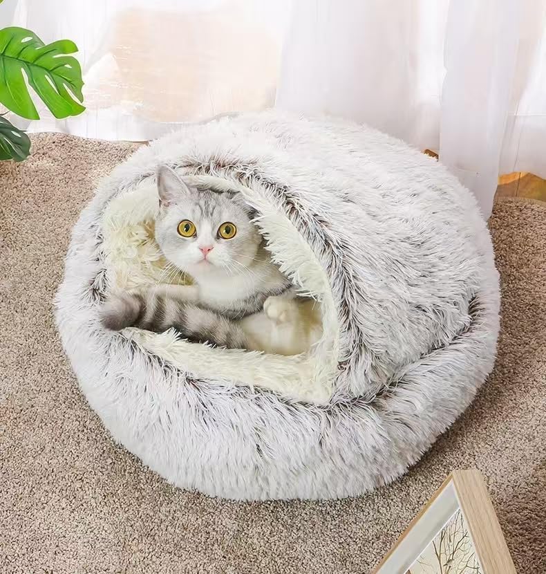 Cat Bed Round Fluffy Hooded Cat Bed Cave, Anti-Anxiety Cave Bed with Hooded Blanket, Cozy Cuddler Luxury Puppy Pet Bed, Anti-Slip Bottom and Machine Washable (Coffee, Medium)