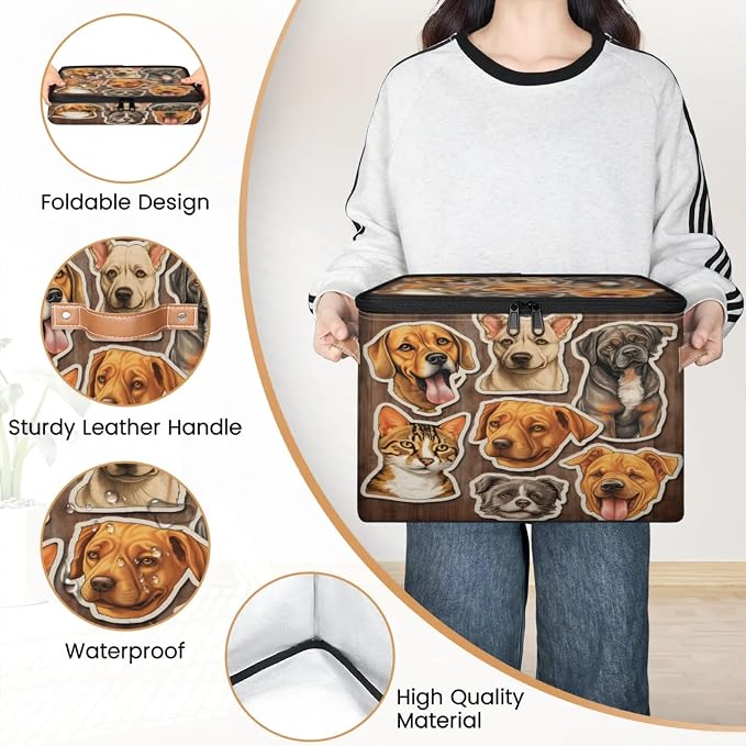 Storage Bin Dogs Cats Storage Basket with Zipper Lid & Handle Foldable Storage Box Cube Bins Clothes Organizer for Closet, Bedroom