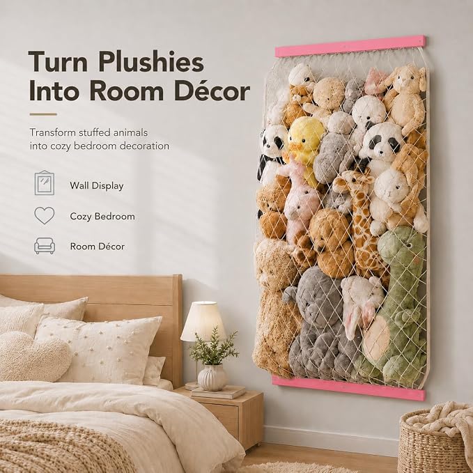 Stuffed Animal Storage Net, Elastic Stuffed Toy Holder,Door/ Wall Mount Length Adjustable Hanging Stuffy Animal Organizer, Plushie Net For Nursery Play Room-Pink Boards