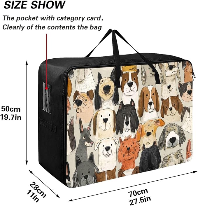 Comforter Storage Bags Large Folding Blanket Organizer Bag with Strong Handles Clear Window Closet Storage Containers for Clothes King Queen Pillows Bedding Quilt Duvet Beige Cute Pet Dogs