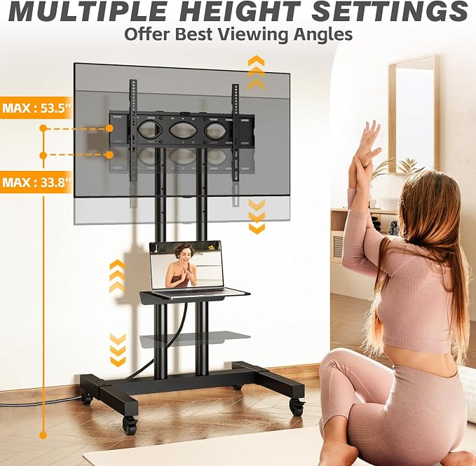 Heavy Duty Rolling TV Stand with Power Outlet for 32-83 Inch TVs | Height Adjustable Mobile TV Cart on Wheels Holds up to 110 lbs, Outdoor TV Stand Trolley, Max VESA 600x400mm