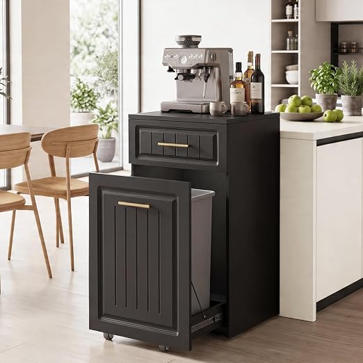 ZIFTY 13 Gallon Pull Out Trash Can Cabinet Kitchen, Laundry Hamper, Black | Pet Proof, Freestanding Kitchen Cabinet, Hideaway Drawer, Wooden Garbage Recycling, Modern Farmhouse Waste Bin Furniture