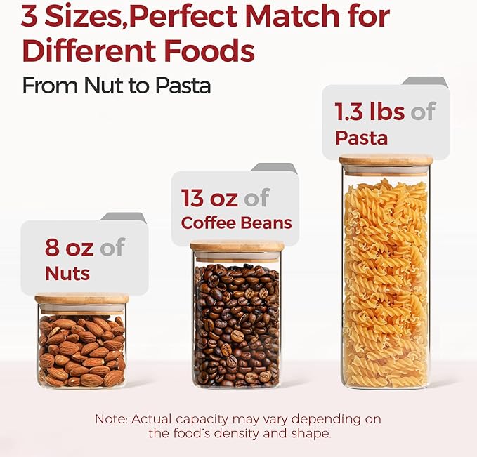 Glass Pantry Storage Containers with Lids 0.6/1.2/1.9 Qt 6 Pack | Pantry Organization, Square Stackable Design, Flour Sugar Coffee Beans Pasta Cereal Dry Food Storage,Kitchen Organizer