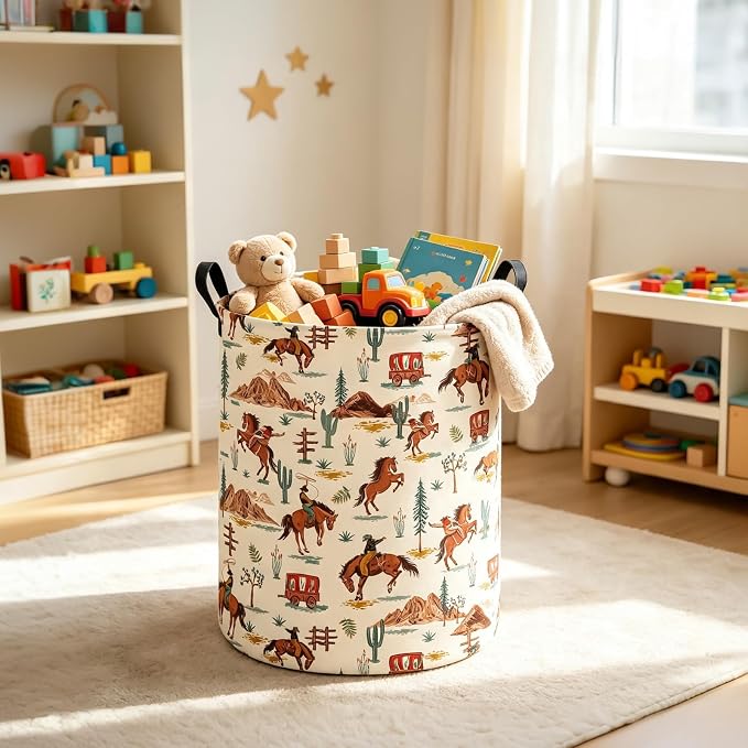 Western Cowboy Fabric Storage Bin,Nursery Organizer Basket | Organizer Bin Dirty Clothes Collapsible Waterproof for College Dorms, Boys and Girls Bedroom,Bathroom