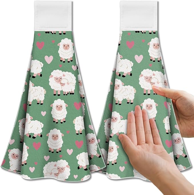 CUTHOLLOW Sheep and Loving Heart Hanging Kitchen Towels with Loop, Set of 2 - Soft & Super Absorbent Microfiber Decorative Hanging Dish & Hand Towel, Tea Coffee Towel for Kitchen Bathroom Oven Handle