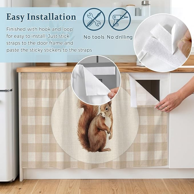 Squirrel Plaid Oven Skirt Curtain for Kitchen Decor 28"x35", Rustic Farmhouse Checkered Retro Animal Self Adhesive Stove Curtains Skirt Cabinet Curtains for Bathroom Laundry Room