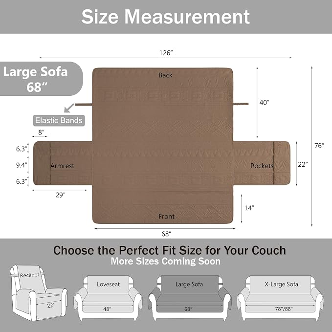 Boho Quilted Sofa Slipcovers with Pockets, Anti-Slip Aztec Couch Covers for 3 Cushion Sofa, Couch Cover for Dogs Cats Water-Repellent Machine Washable (Large Sofa 68", Raw Umber)
