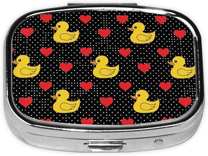 Travel-Sized Pill Organizer Compact Compartment Vitamin Case Cruise Flight Carry-On Must-Have, Black Red Love Hearts Polka Dots Yellow Rubber Ducks