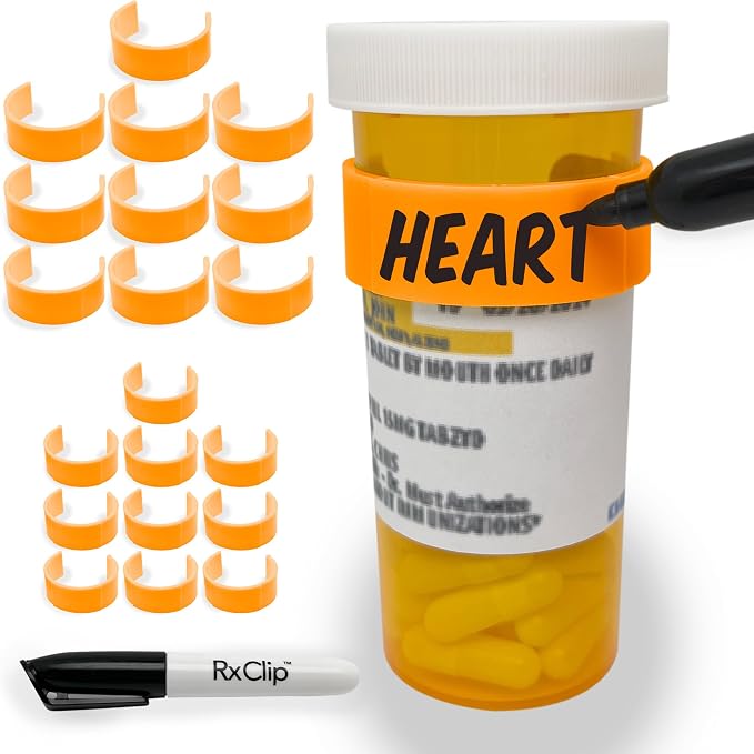 20 Pack Medicine Bottle Label Clips for Easy Medication Identification - 20ct Multipack with Marker (Tangerine)