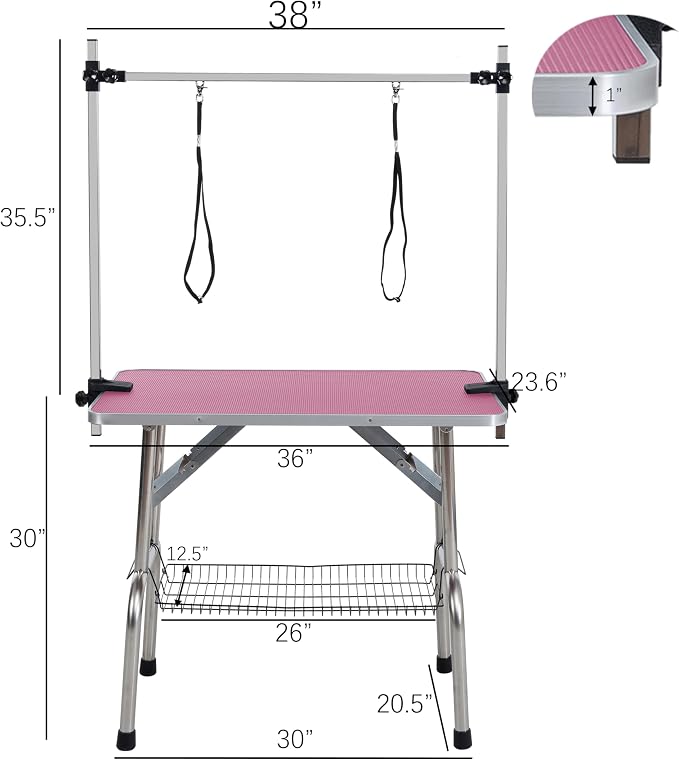 36" Pet Dog Grooming Table, Foldable Stainless Steel Frame Pet Drying Grooming Table Up to 330lbs, Professional Bathing Desk for Dogs at Home with Adjustable Overhead Arms, Noose, Mesh Tray, Pink