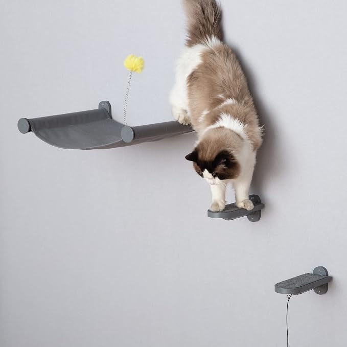 Wall Mounted Cat Hammock with Toy, Easy-to-insall Cat Wall Shelf with Soft Pad on This Premium Kitty Furniture, Modern Design. Easily Supports up to 40 lbs (Easy-Install, Dark Grey)