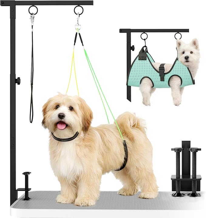 Dog Grooming Table Arm, 31.5"-43.3" Adjustable Pet Stand with Hammock & Clips – 3-in-1 Grooming Kit for Nail Trimming, Haircut & Drying, Home Supplies for Small Dogs