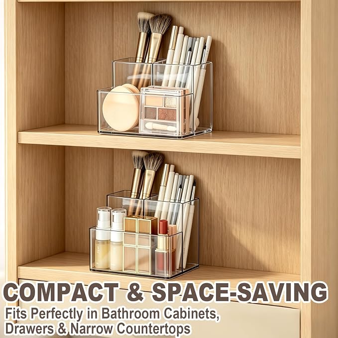 Clear PET Makeup Organizer, Lipstick Brush Holder for Bathroom Cabinet- Transparent Medicine Cabinet Organizer Multi Compartment Storage Box Holder for Countertop, Home Office Classroom