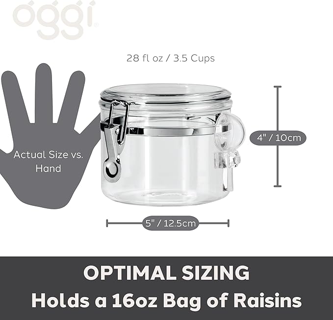 OGGI Clear Canister Airtight 28oz - Clamp Lid & Spoon - Airtight Food Storage Containers, Ideal for Kitchen & Pantry Storage of Bulk, Dry Food Including Flour, Sugar, Coffee, Rice, Tea, Spices & Herbs