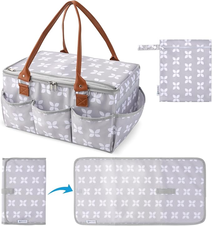 Diaper Caddy with Changing Mat, Large Baby Diaper Caddy Organizer with Lid, Portable Organizer Basket for Baby Essentials, Roll-Up Lid, Built-In Changing Mat Pocket