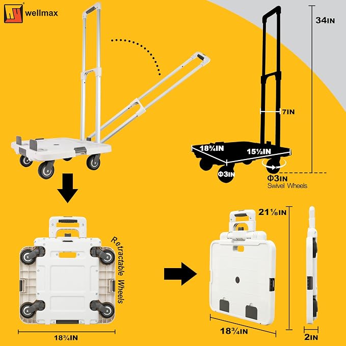 Wellmax Rolling Crate with Wheels, Foldable Utility Cart, 132 lb, White | Adjustable Telescoping Handle, Silent Rolling Wheels, Collapsible Rolling Crate for Car Trunk, Teachers, Office & Groceries