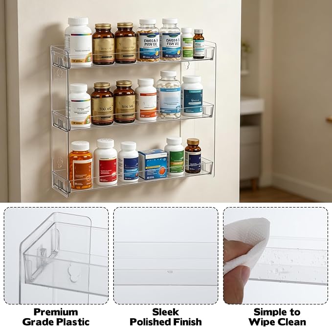 2PCS Medicine Bottle Organizer Shelf, 3-Tier Medicine Cabinet Organizer for Countertop Cabinetry and Bathroom, Transparent Removable Vitamins Organizer for Medication Bottles Vitamins Bottles