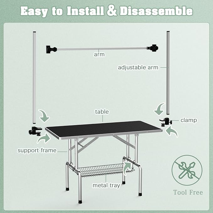 36'' Stainless Steel Pet Dog Grooming Table, Arm/Noose/Tray, Black | Foldable Dog Grooming Table for Dogs at Home, Adjustable Height Arm, Non-Slip Waterproof Tabletop, Capacity 330Lb