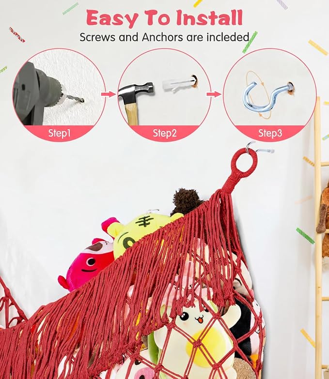 Stuffed Animal Hammock - Extra Large 63'' Long (Red) | Premium Cotton Hand-knitted, Beautiful Long Tassel, Storage Hanging Organizer, Can Fit Stuffed Animals 40 Piece or More