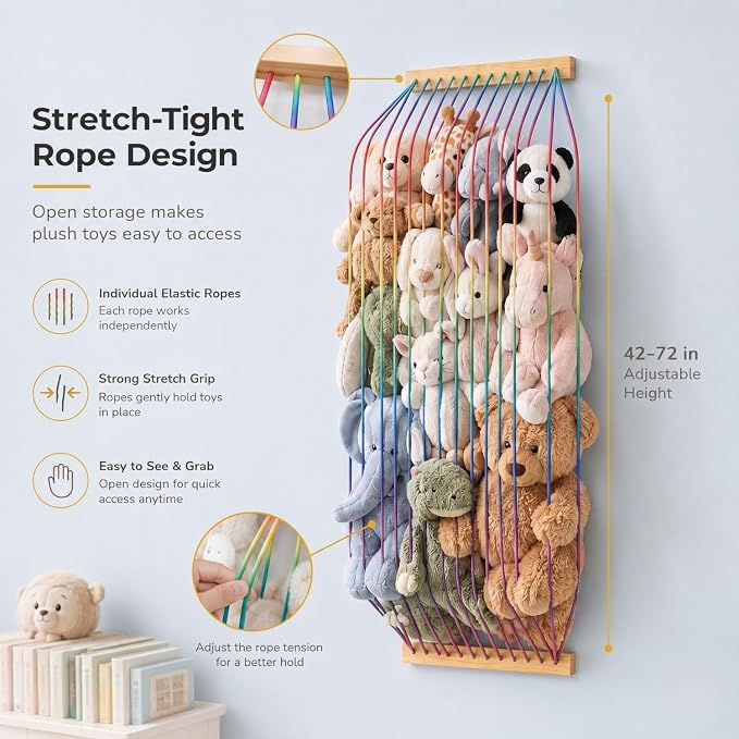 Stuffed Animal Storage Wood Soft Toy Organizer for Kids Room，Cute and Durable Wall or Door Mount Length Adjustable Hanging Stuffed Animal Toy Organizer Shelf for Nursery Play Room Rainbow -Patent