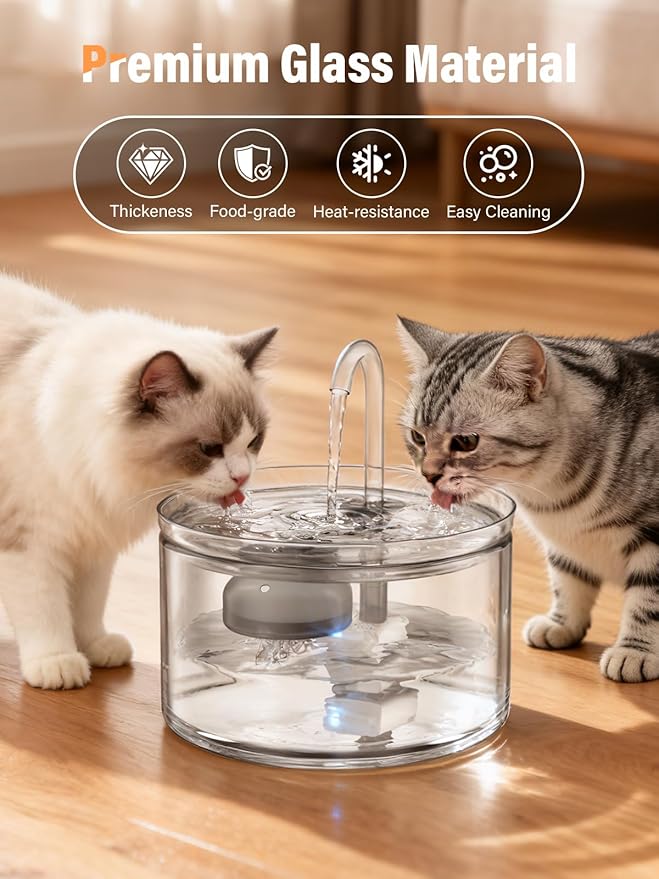 Cat Water Fountain, 74oz/2.2L Glass Automatic Water Fountain with Ultra-Quiet Auto Shut-Off Pump, Easy to Clean Pet Water Dispenser for Cats, Kittens Indoor (with 8 Filters)