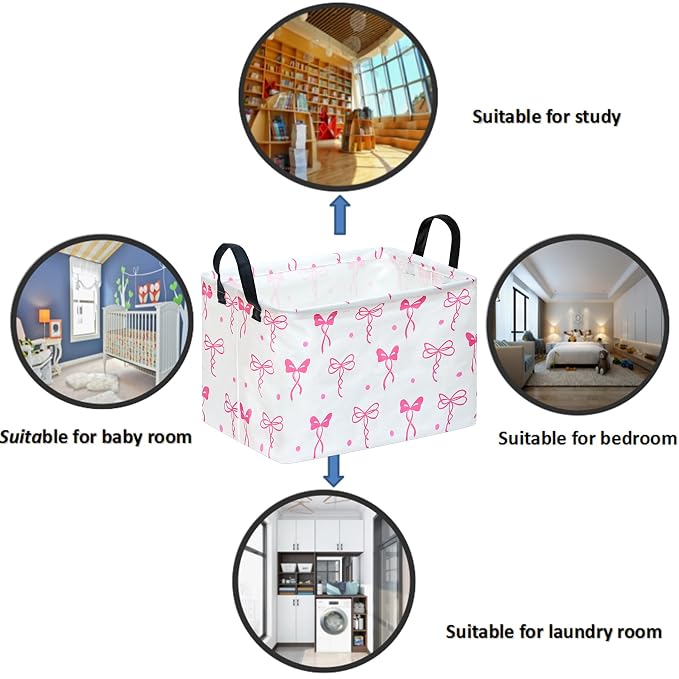 Pink Bow Storage Basket for Girls Room, Foldable Toy Organizer Bin | Pink Bow Design with Cotton Linen Fabric, Waterproof Lining, Leather Handles and Foldable Style for Girls Room Storage