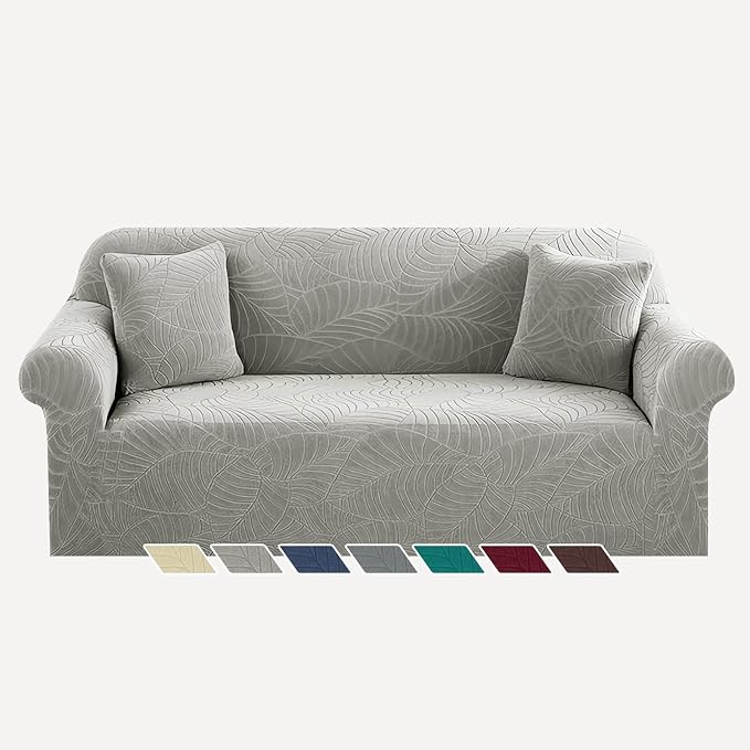 YEMYHOM Couch Cover Latest Jacquard Design High Stretch Sofa Covers for 3 Cushion Couch, Pet Dog Cat Proof Slipcover Non Slip Magic Elastic Furniture Protector (Large, Begonia Leaf Light Gray)