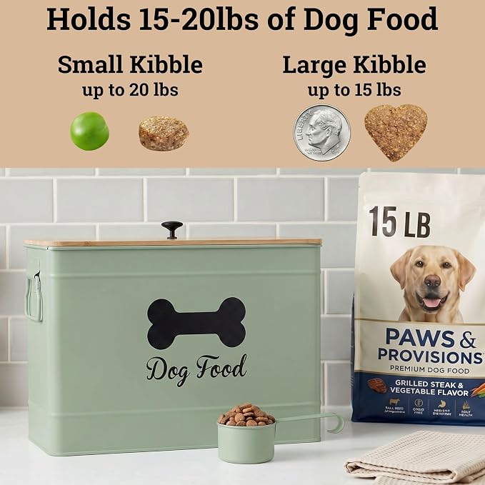 Metal Dog Food Container 15-20 lbs w/ Airtight Bamboo Lid, 70 Cup Capacity | Pet Jar For Dogs up to 100lbs, Airtight Bamboo Lid, Sturdy Comfortable Metal Handle, Powder Coated Iron, Kibble Storage Bin