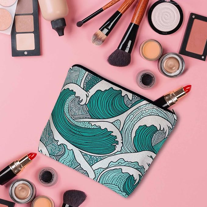 Women Makeup Organizer Bag Ocean Waves, Japanese Great Wave Ocean Sea Waves Flax Cosmetic Bag Makeup Bags Toiletry Bag Accessories Organizer Travel Bags For Home Bathroom Office Hotel Gym