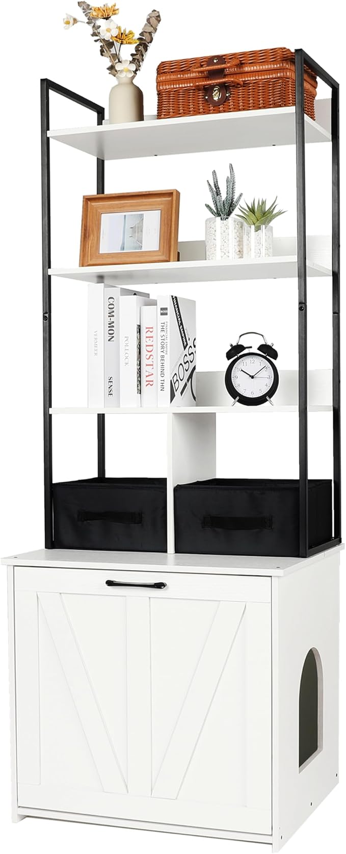 Dwanton Cat Litter Box Enclosure, 3 Storage Shelves and 2 Drawers, 61.8" H | 2-in-1 Hidden Cat Litter Box Enclosure Furniture with Shelf, Metal Frame, Reversible Entrance, Washable Drawers, White