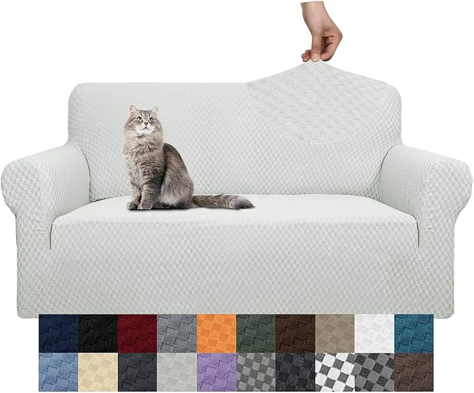 YEMYHOM Couch Cover Latest Jacquard Design High Stretch Sofa Covers for 2 Cushion Couch, Pet Dog Cat Proof Loveseat Slipcover Non Slip Magic Elastic Furniture Protector (Medium, Ivory)
