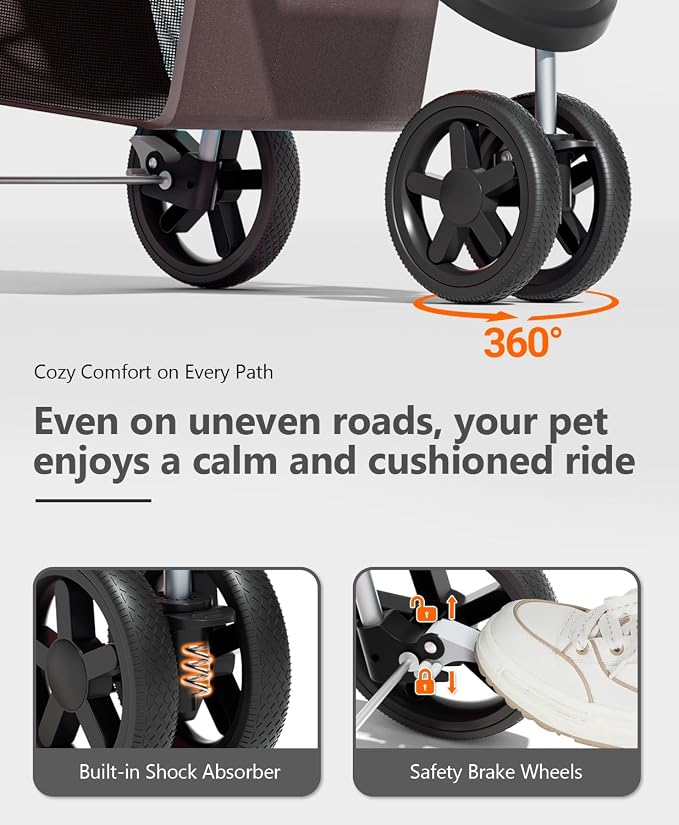 OS MOTOR 3 Wheels Pet Stroller for Small Medium Pets, Coffee | Foldable Carrier Jogger, Rear Wheel Breaks, Storage Basket, Visible Mesh Weather Cover, Portable, Dog, Cat, Puppy, Kitty