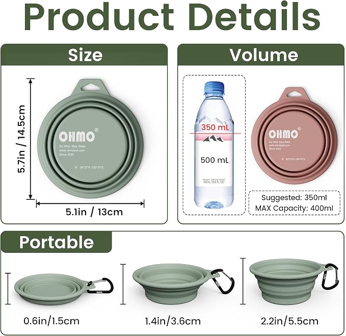 OHMO Small Collapsible Dog Bowls, Steel Rim, 12oz, 2pcs, Coral&Sage Green | Portable Pet Water&Food Bowl, Cat-Friendly, BPA-Free Silicone, Foldable, Hiking&Camping Travel Gear, Stable Shape, Easy-Clean