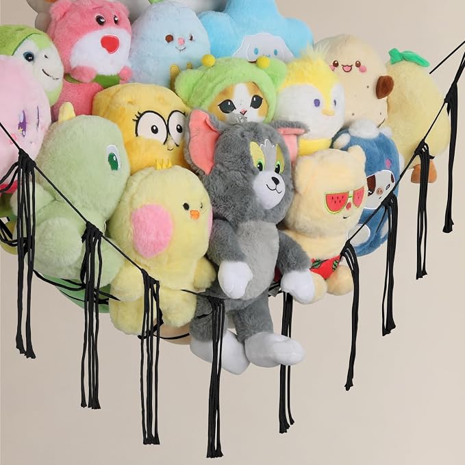 Stuffed Animal Storage Hammock Corner,55 Inch Large No Drill Toy Net,Black | Handcrafted Natural 100% Cotton Stuffy Hammock,Boho Macrame Toy Net,Stuffed Animals Storage Plush Holder,Nursery Room Decor