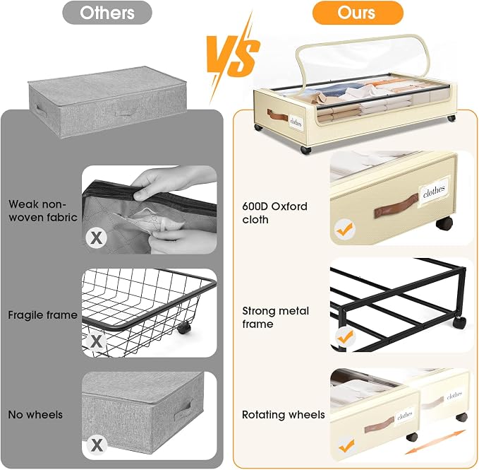 Under Bed Storage with Wheels 2Pack Storage Containers with Clear Window | Under Bed Drawers Rolling Under Bed Storage for Clothes,Shoes, Blankets (30.71 x 16.93 x 6.69 in, Beige)