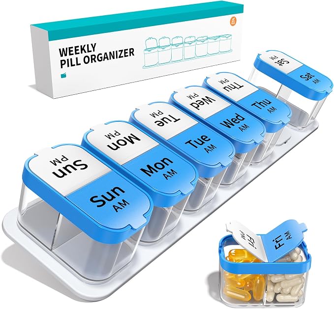 Daviky Large Pill Organizer 2 Times a Day - XL Pill Box 7 Day, Big Vitamin Holder with 7 Detachable AM/PM Compartments, Big Supplement Container for Weekly or Daily Use (Blue)