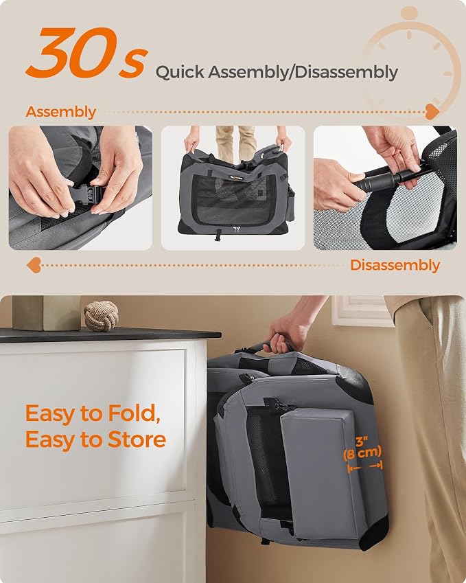 Feandrea Collapsible Soft Dog Crate, Portable Travel, 24 Inches | Dog Carrier Kennel with Safety Zippers for Living Room, Car, Travelling, Gray UPDC60GY