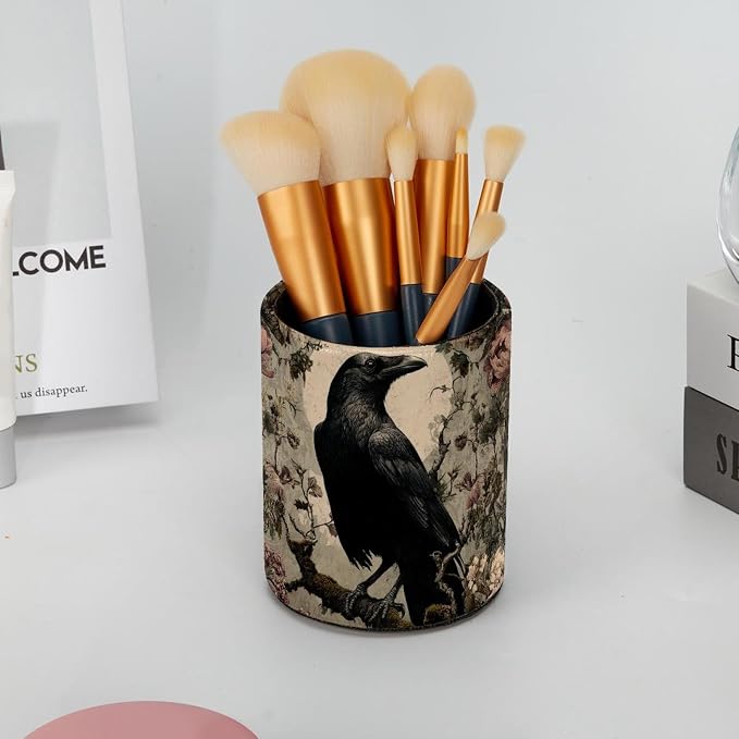 Faux Leather Pen Holder for Desk, Pencil Organizer Crow Pen Cup Desk Decor Makeup Brush Holder Storage for Office Home
