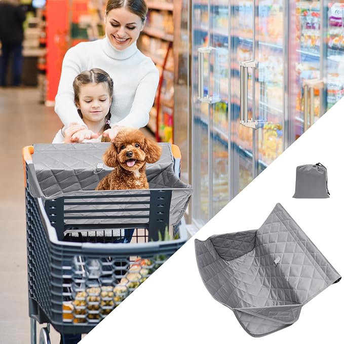 Shopping Cart Cover for Dogs with Storage Bag, 22.5 x 14.5 Inch | Quilted Pet Grocery Cart Seat Protector Pad with Safety Buckle, Washable Portable Cart Cover for Small Dogs Standard Carts