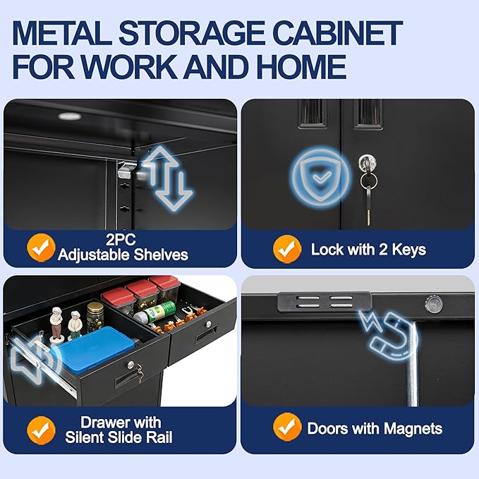 BESFUR Metal Storage Cabinet with 2 Drawers 4 Doors and 2 Adjustable Shelves Garage Storage Cabinet with Lock 71" Office Storage Cabinets Locking Cabinets for Garage Office Shop Home (Black)